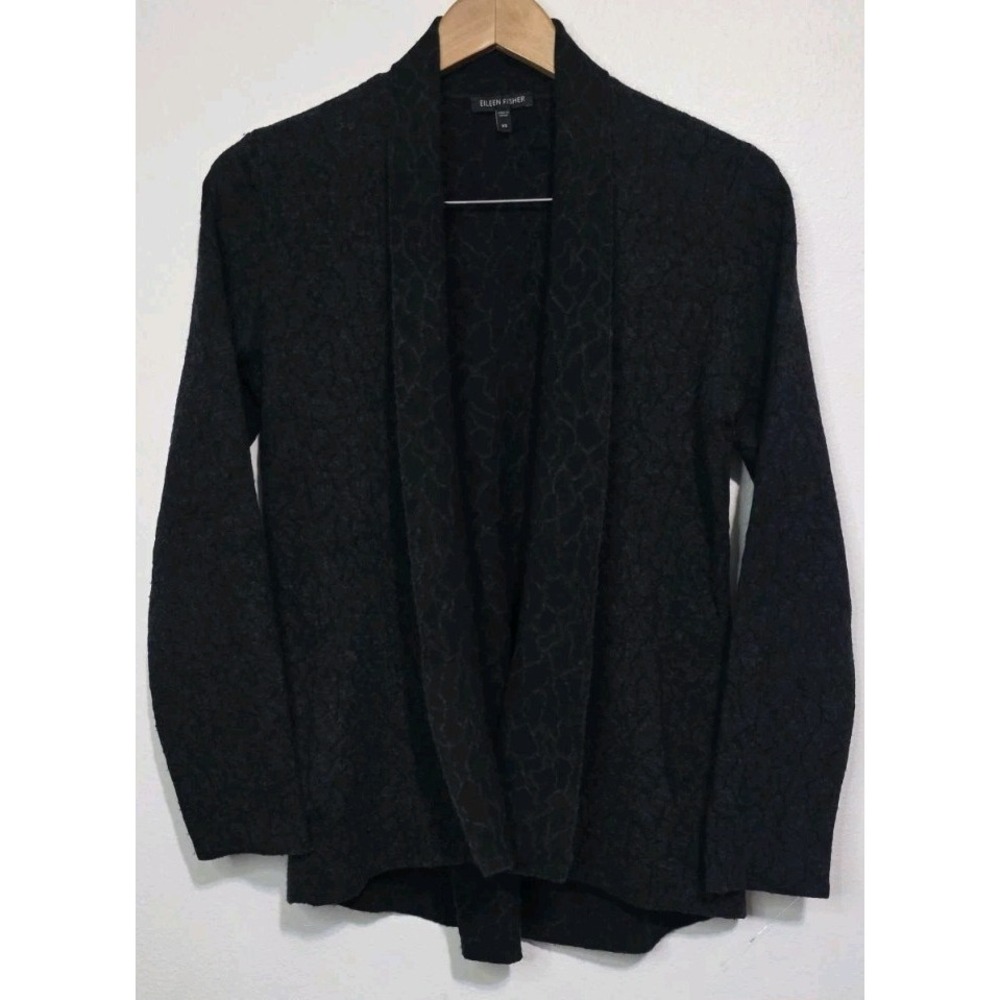 Eileen Fisher Women Open Crossover Cardigan Black Wool Blend‎ XS Long Sleeve